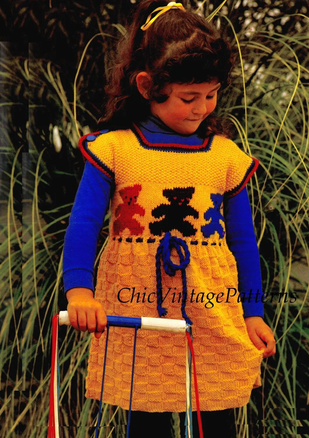 Fair isle Trim Girl's Knitted Dress, Goldilocks Dress, Instant Download