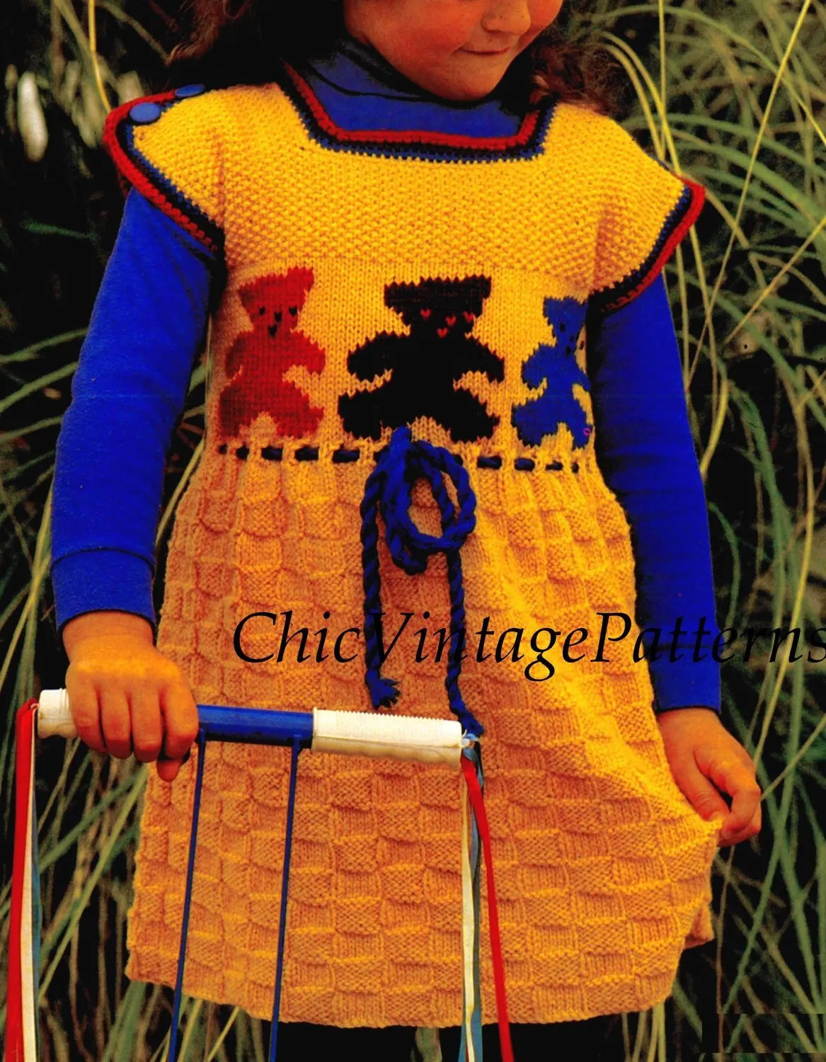 Fair isle Trim Girl's Knitted Dress, Goldilocks Dress, Instant Download