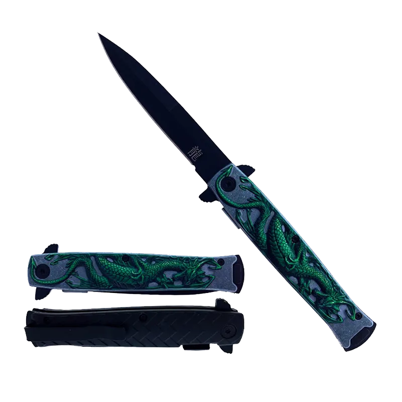 Falcon 8" Overall Spring Assisted Knife W/ Green Dragon Handle