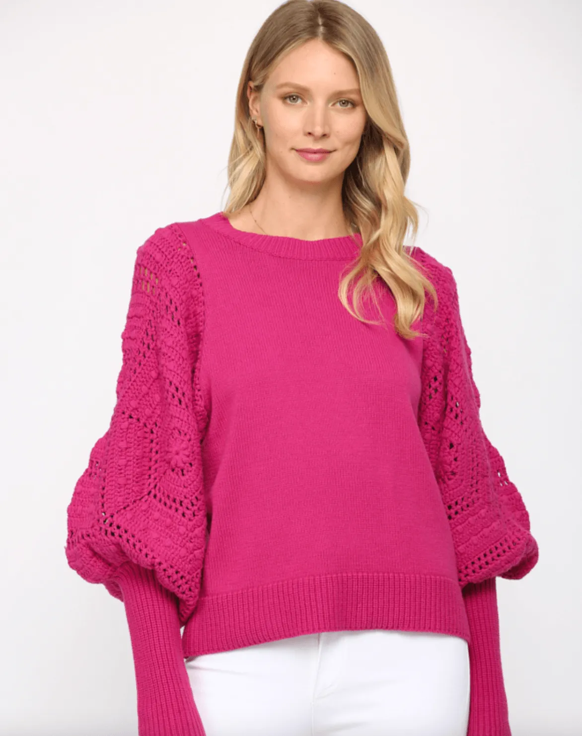 FATE Handknit puff sweater in pink berry FC-818