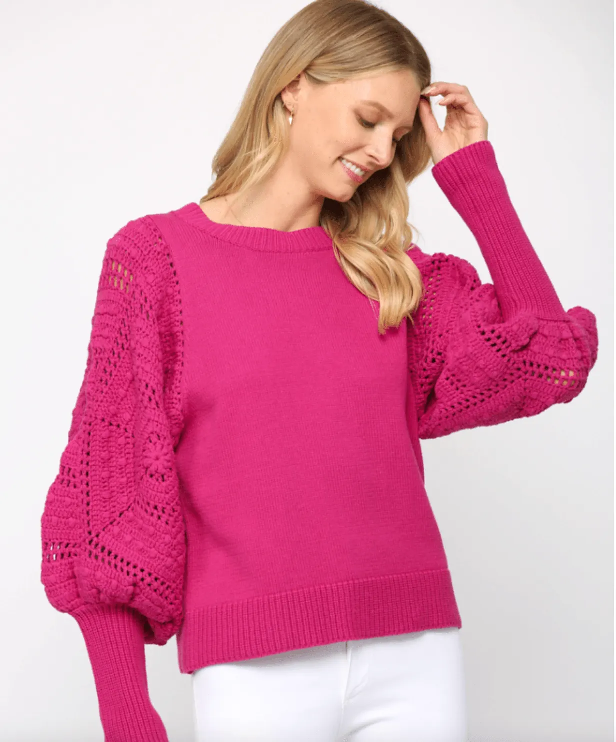 FATE Handknit puff sweater in pink berry FC-818