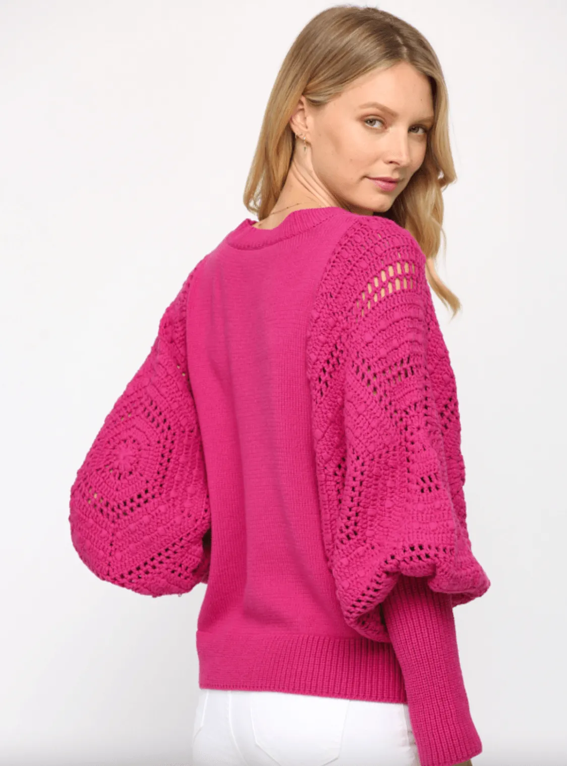 FATE Handknit puff sweater in pink berry FC-818
