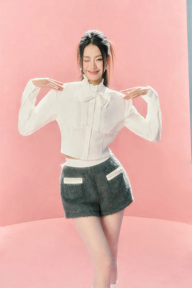 (Final Sale) White Collar knitted Patchwork Long Sleeve Shirt
