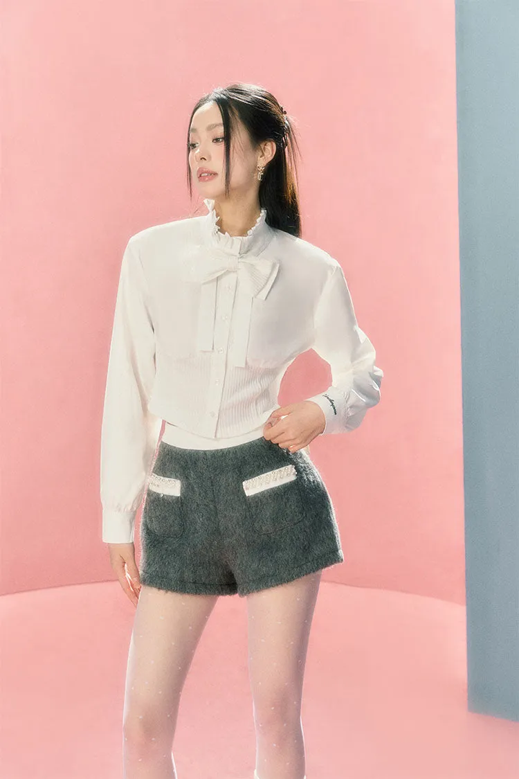 (Final Sale) White Collar knitted Patchwork Long Sleeve Shirt