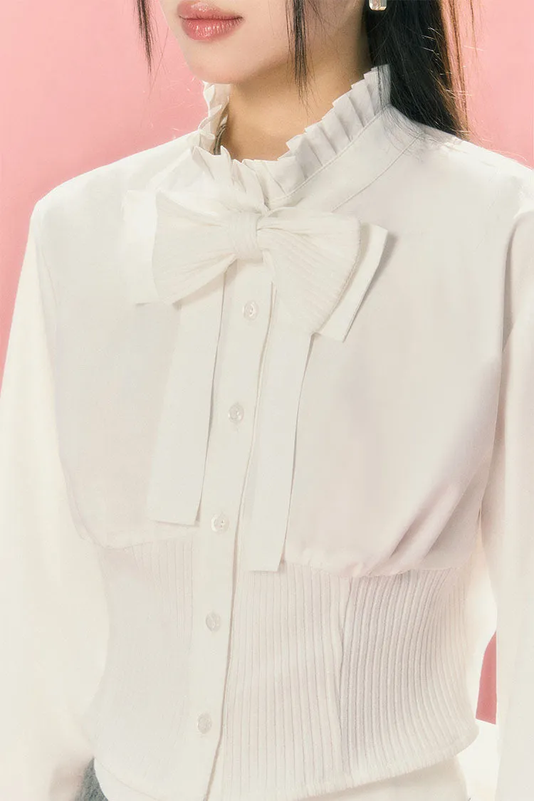 (Final Sale) White Collar knitted Patchwork Long Sleeve Shirt