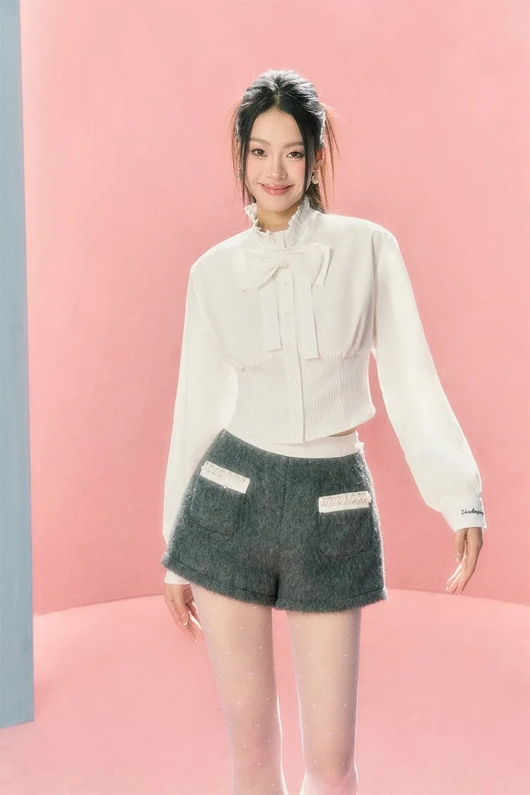 (Final Sale) White Collar knitted Patchwork Long Sleeve Shirt