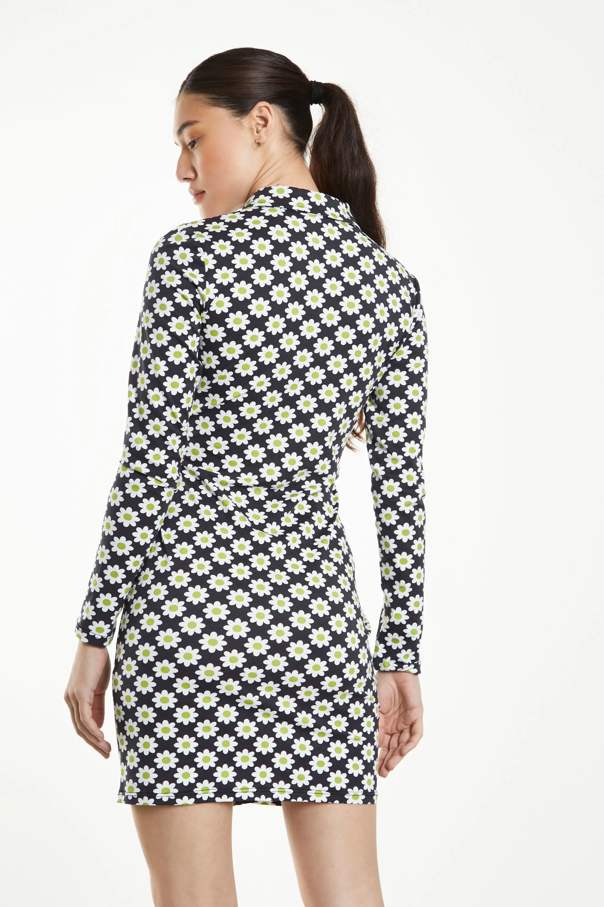 Glamorous Sixties Flower Jersey Long Sleeve Bodycon Dress with Collar