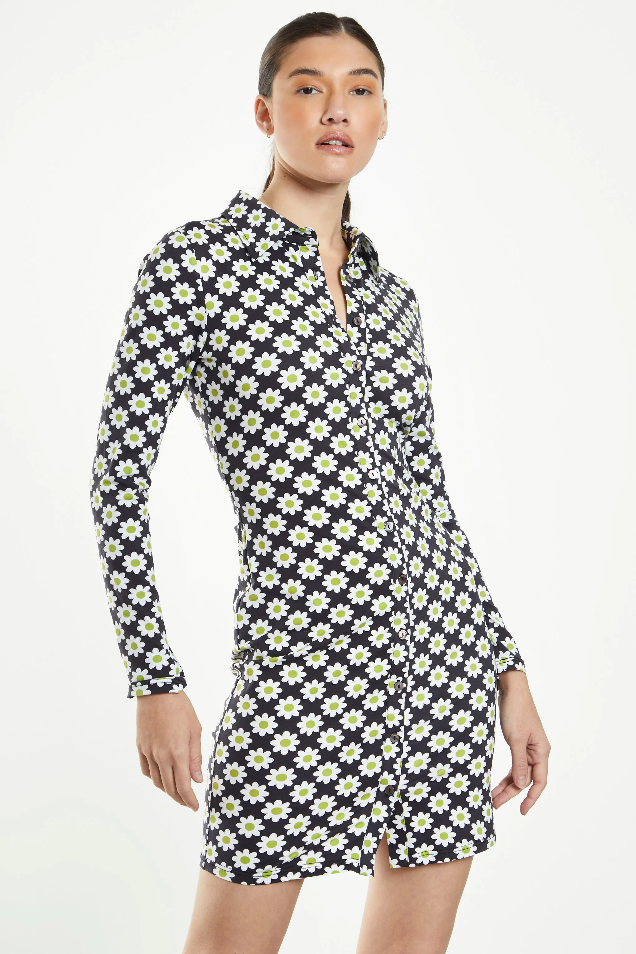 Glamorous Sixties Flower Jersey Long Sleeve Bodycon Dress with Collar