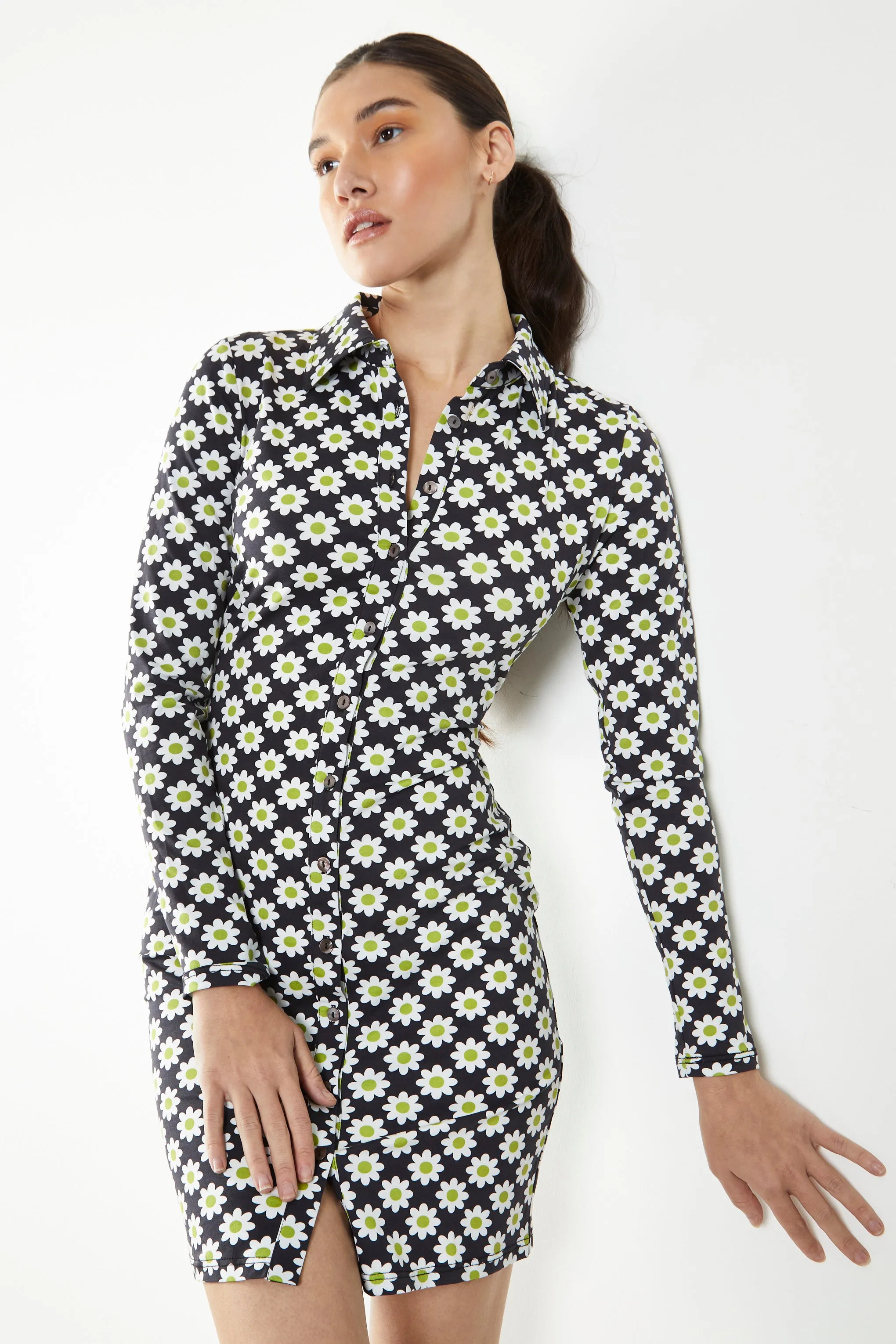 Glamorous Sixties Flower Jersey Long Sleeve Bodycon Dress with Collar