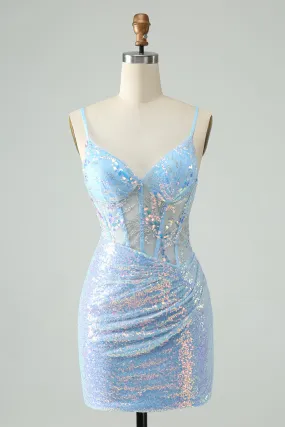 Glitter Light Blue Tight Spaghetti Straps Corset Short Homecoming Dress with Sequins