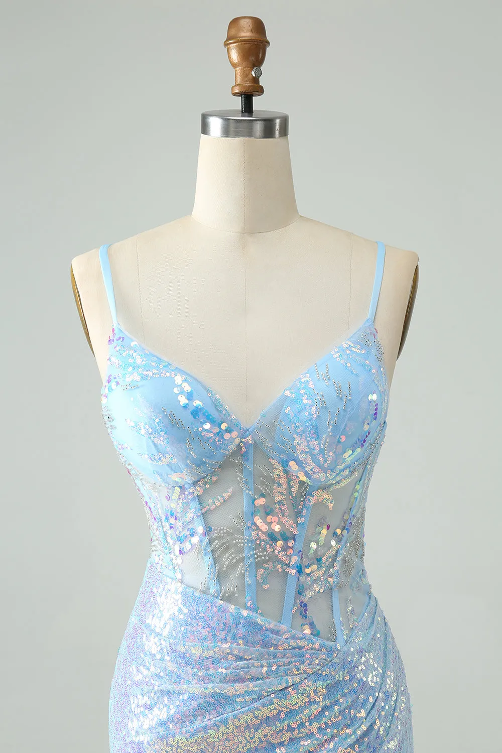 Glitter Light Blue Tight Spaghetti Straps Corset Short Homecoming Dress with Sequins