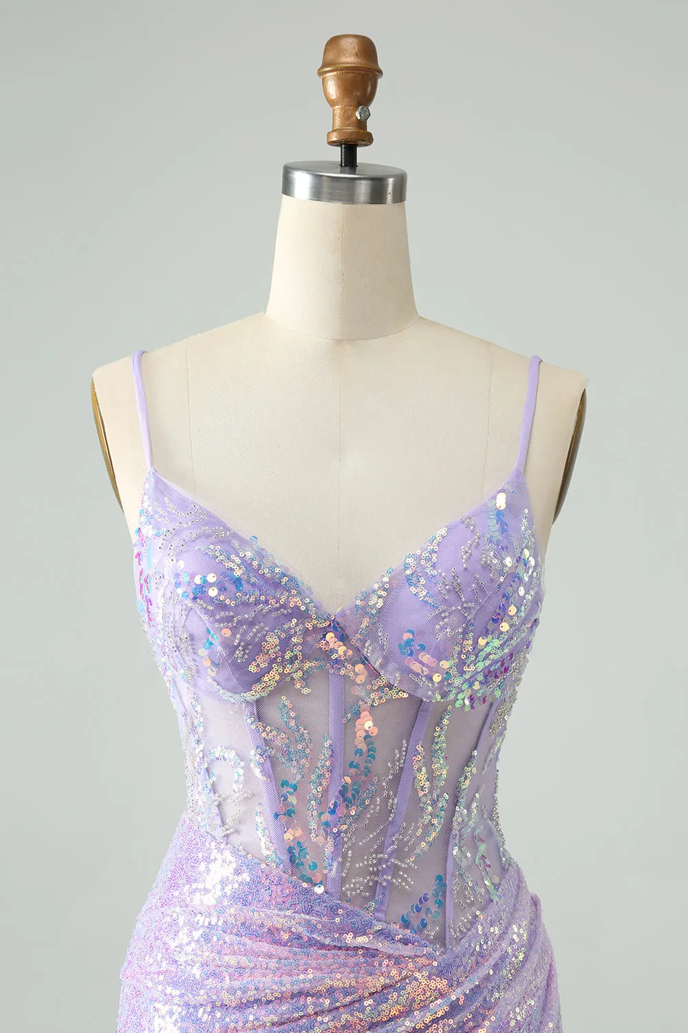 Glitter Light Blue Tight Spaghetti Straps Corset Short Homecoming Dress with Sequins