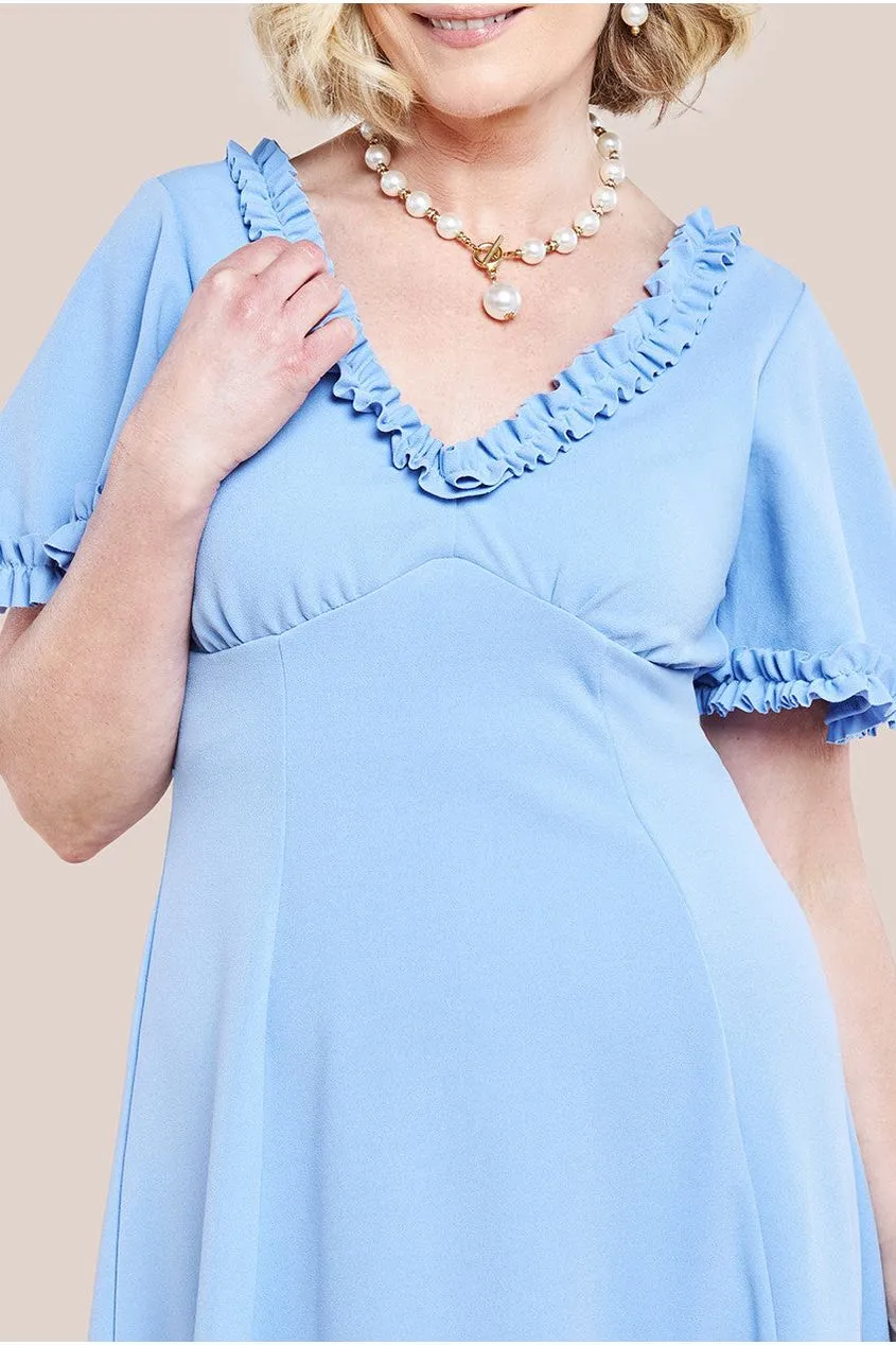 Goddiva Flare Sleeve Frill Edge Midi Dress - Corn Flower Blue