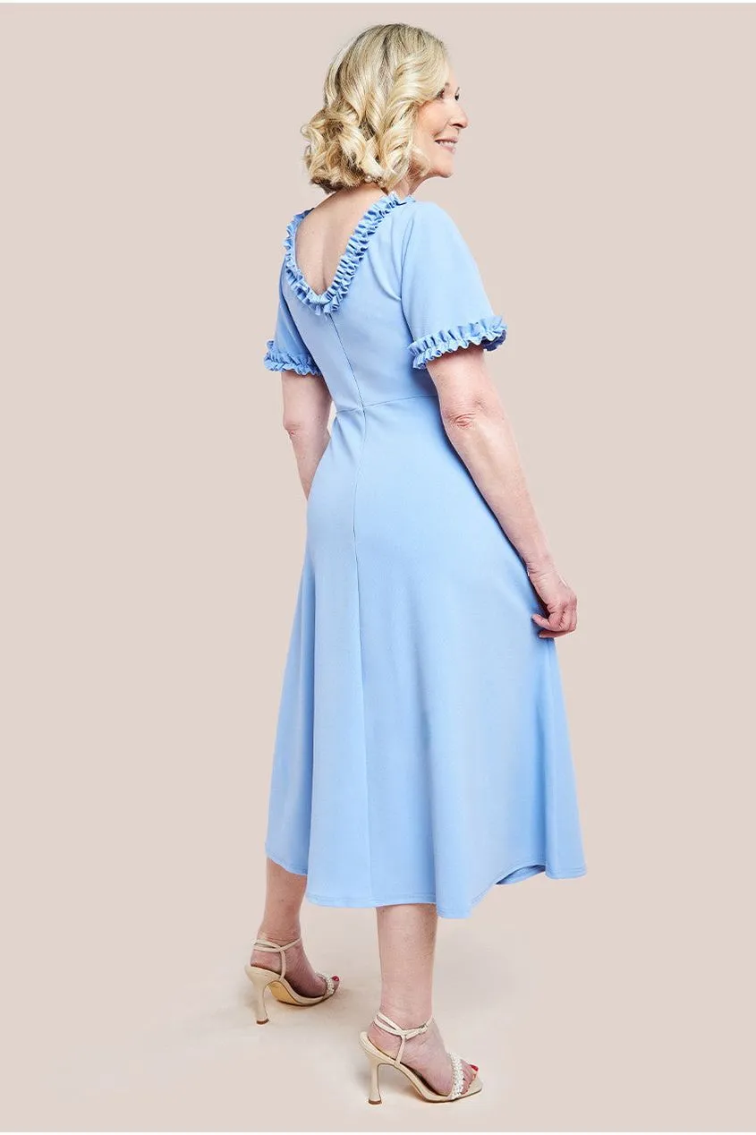 Goddiva Flare Sleeve Frill Edge Midi Dress - Corn Flower Blue