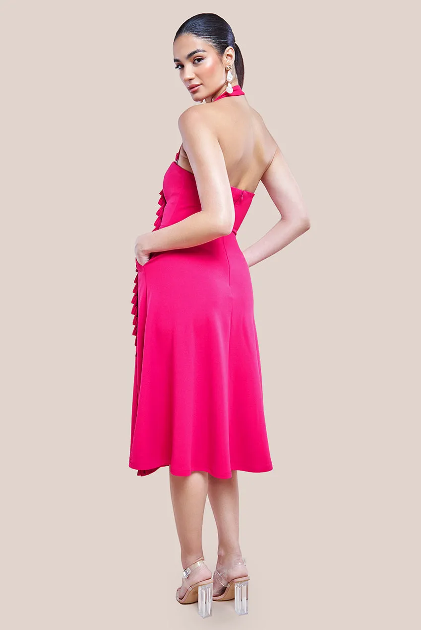 Goddiva Frilled Halter Neck Strap Midi Dress - Magenta