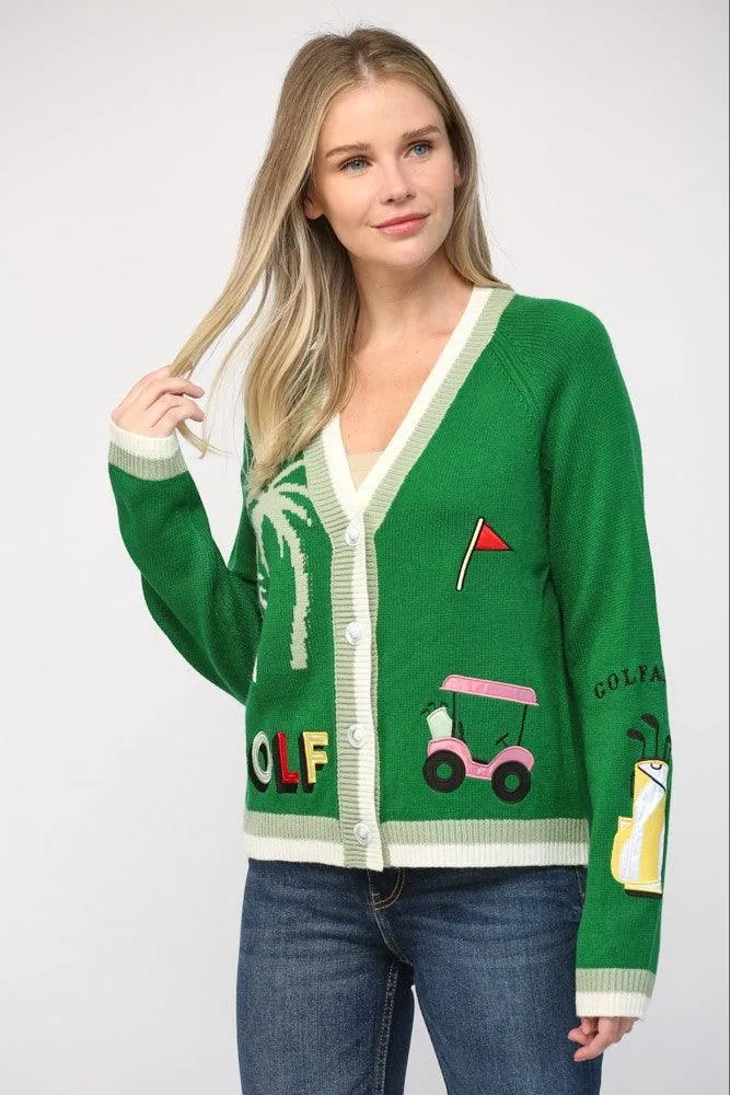 Golf Embroidered Patch Cardigan Sweater