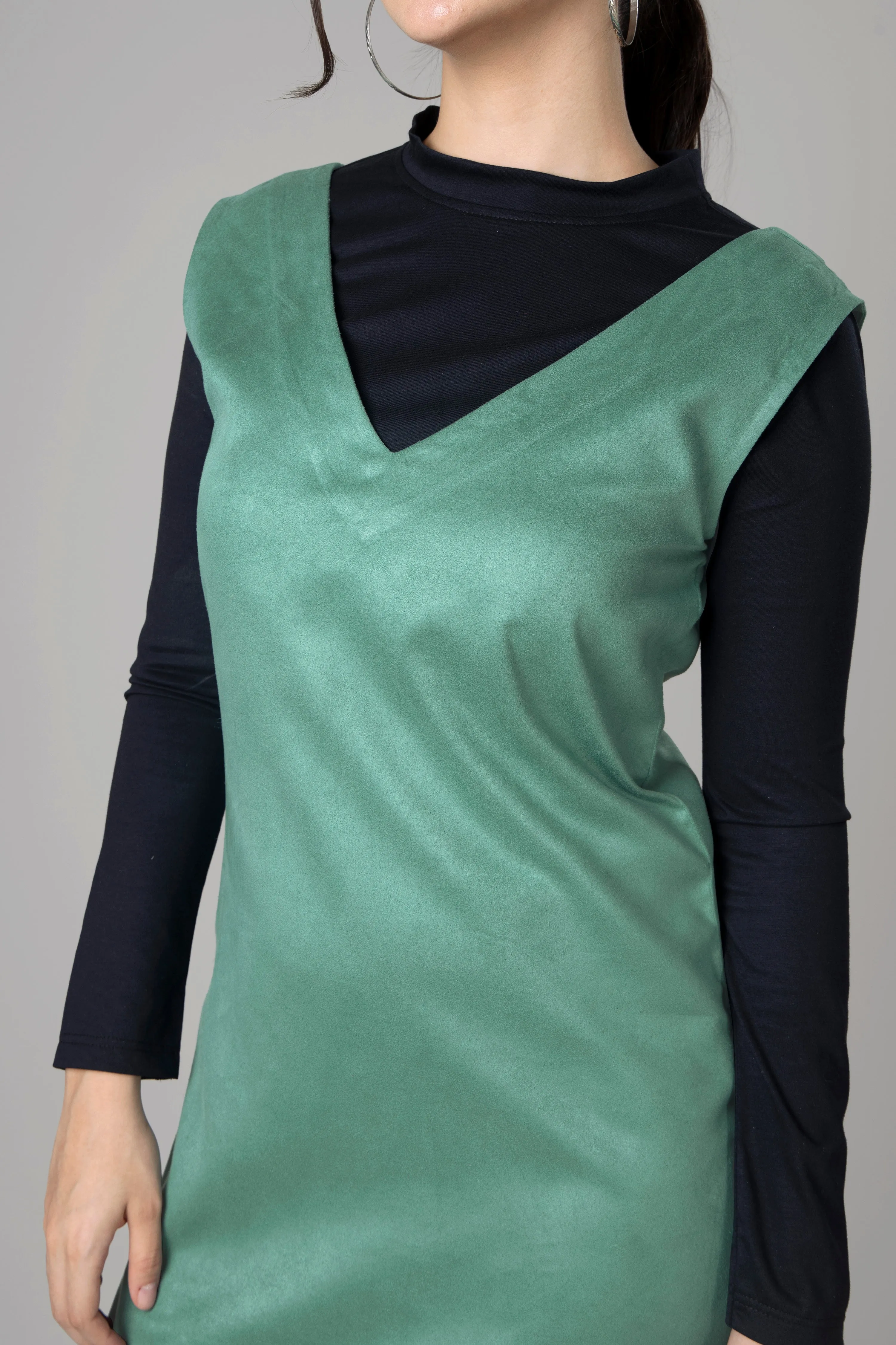 Green Suede Bodycon Pinafore Dress For Women