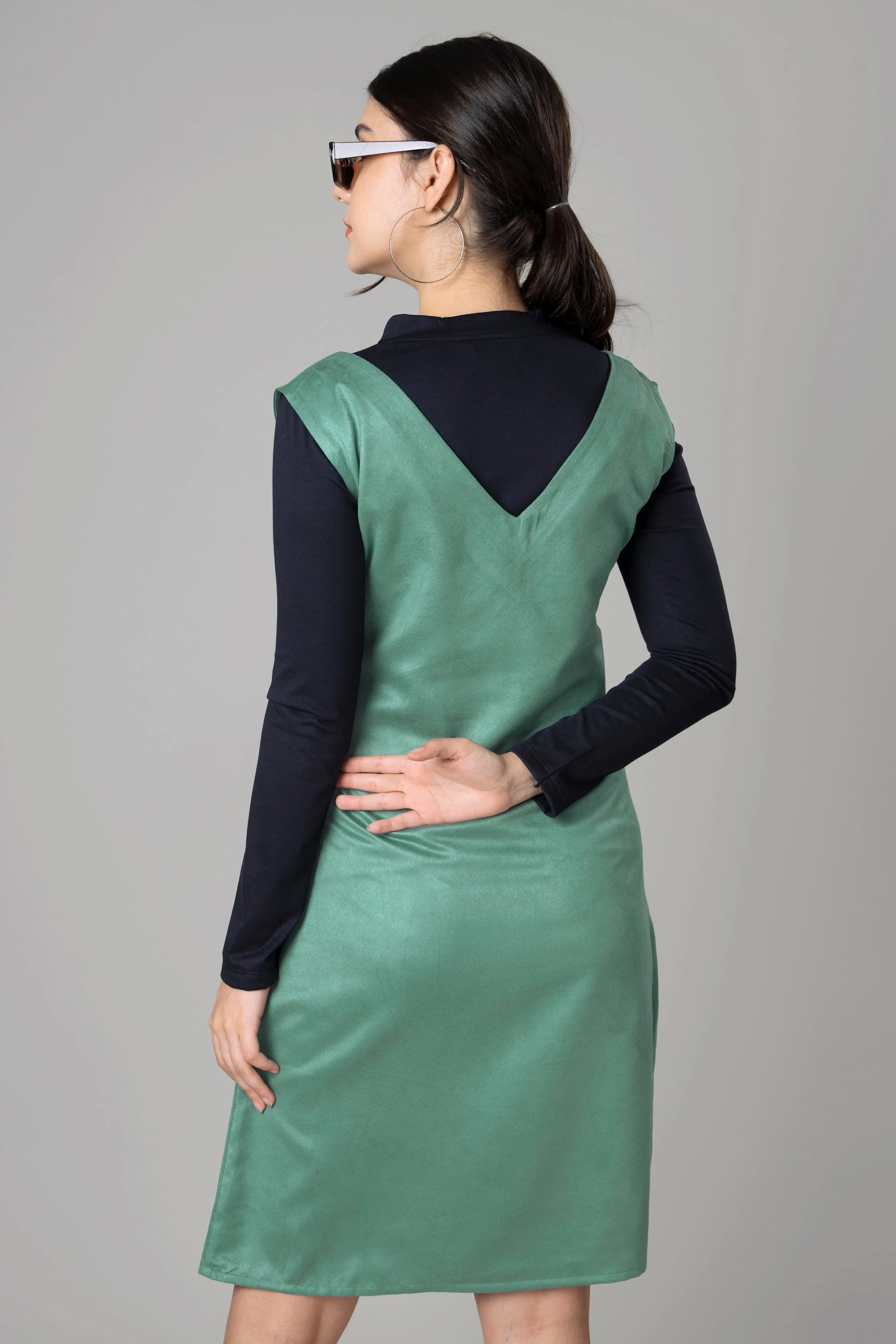 Green Suede Bodycon Pinafore Dress For Women