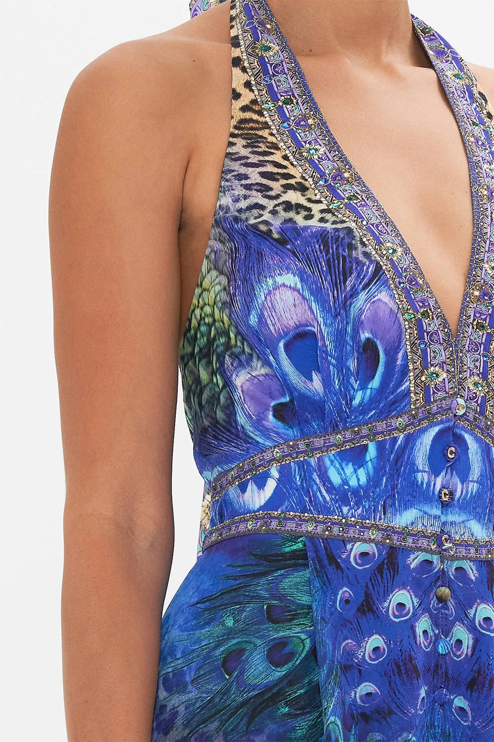 HALTERNECK JUMPSUIT WITH TIE NECK PEACOCK ROCK