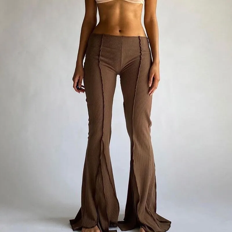 Hip Huggers Bell Bottoms Ribbed Stretch Flare Pants Groovy Seams Hippie Low Waist Leggings Brown Black Light Gray Or White Available In Sizes Small Medium Or Large