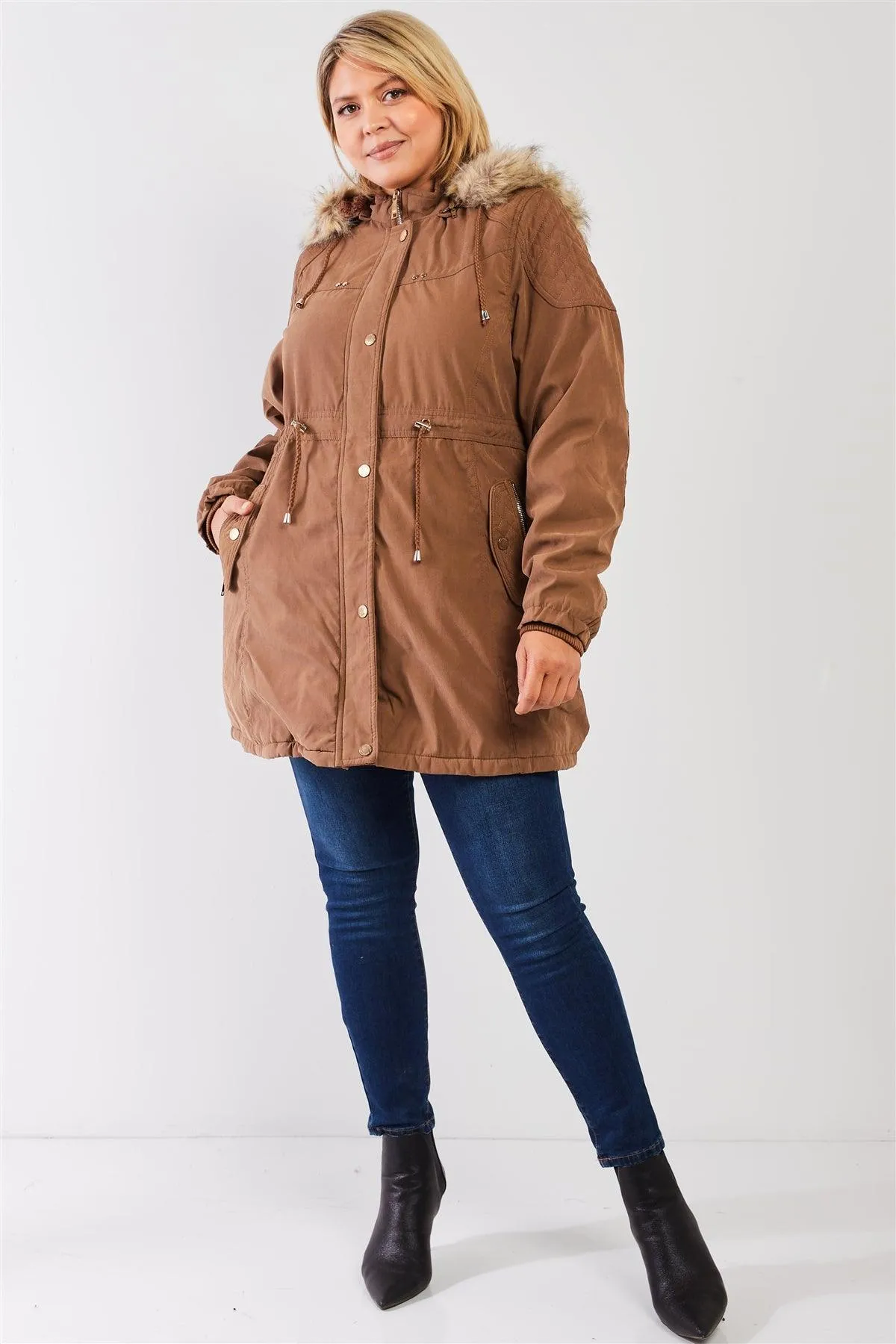 Junior Plus Size Brown Quilted Detail Vegan Fur Cotton Twill Parka Jacket