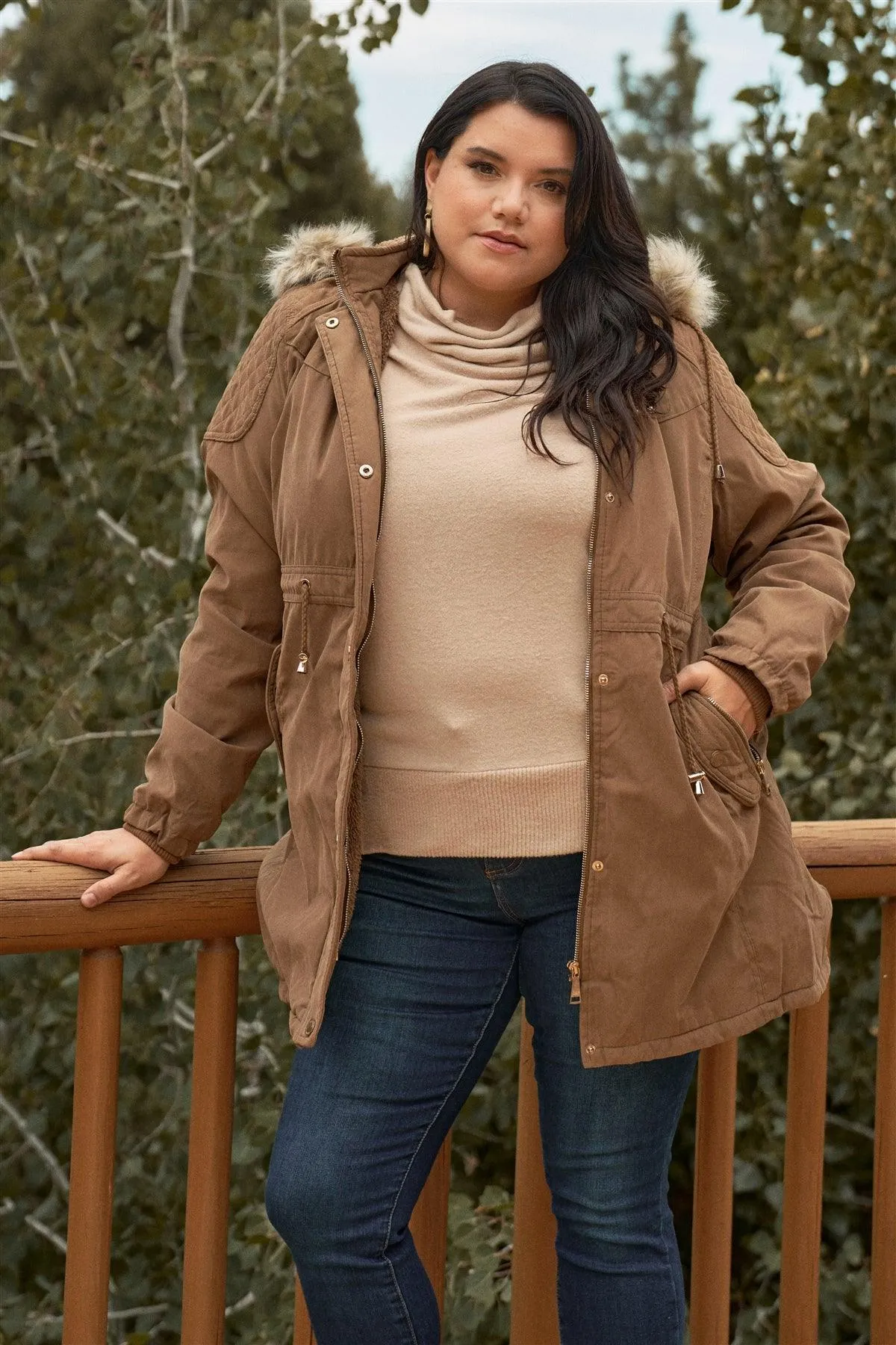 Junior Plus Size Brown Quilted Detail Vegan Fur Cotton Twill Parka Jacket