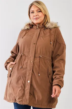 Junior Plus Size Brown Quilted Detail Vegan Fur Cotton Twill Parka Jacket