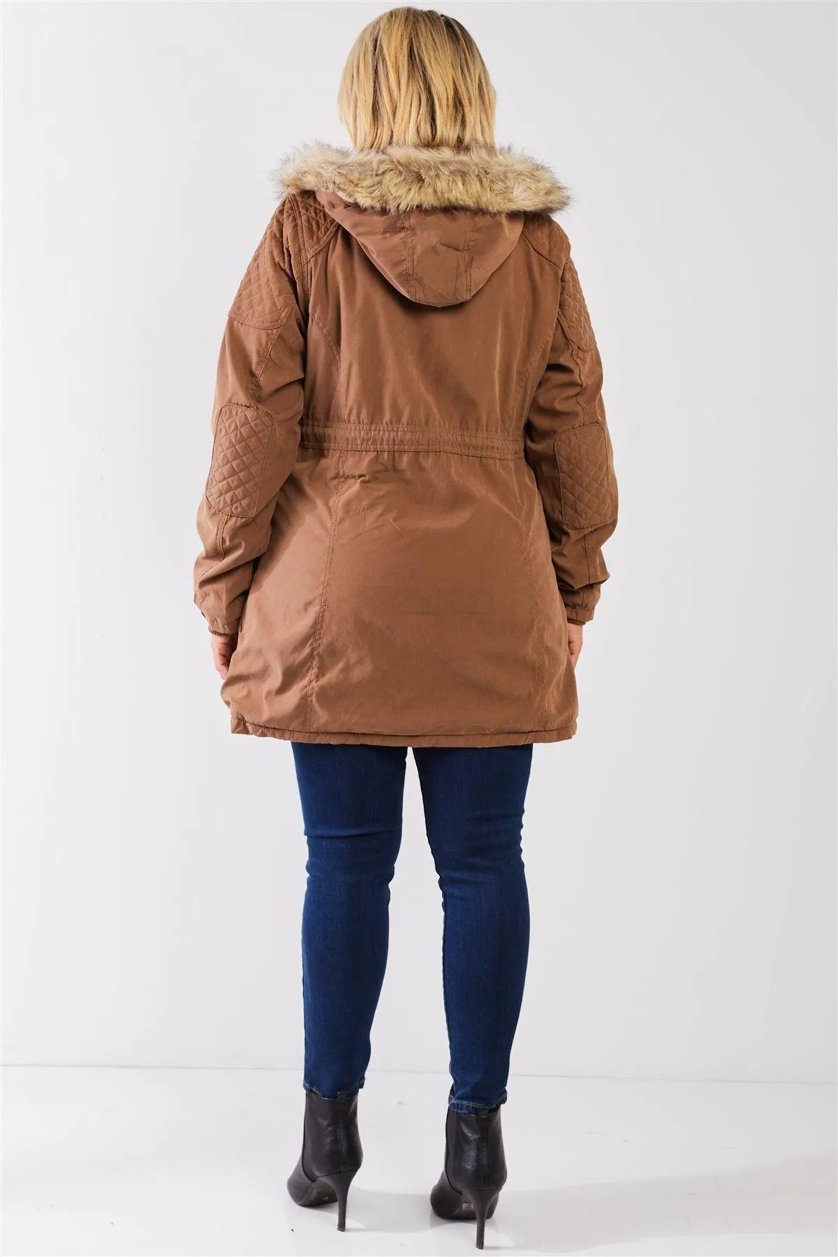 Junior Plus Size Brown Quilted Detail Vegan Fur Cotton Twill Parka Jacket