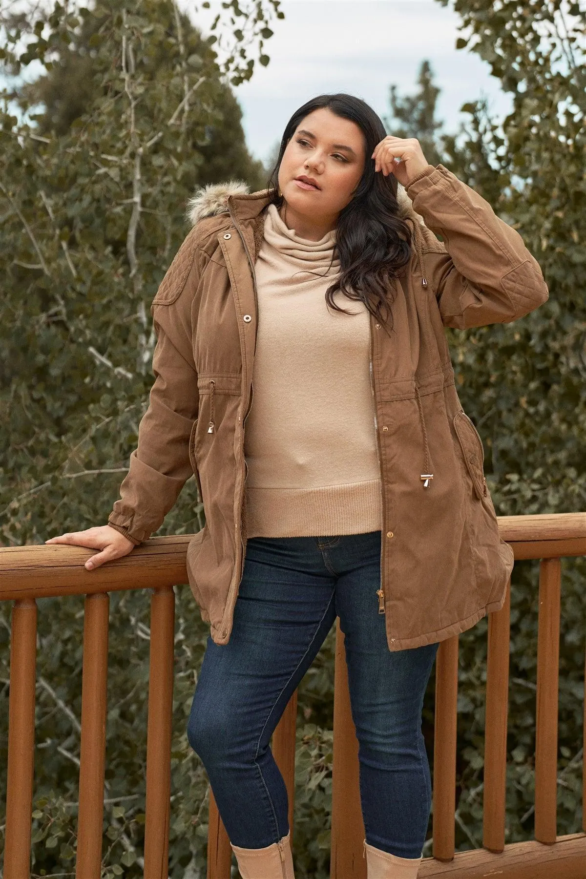 Junior Plus Size Brown Quilted Detail Vegan Fur Cotton Twill Parka Jacket