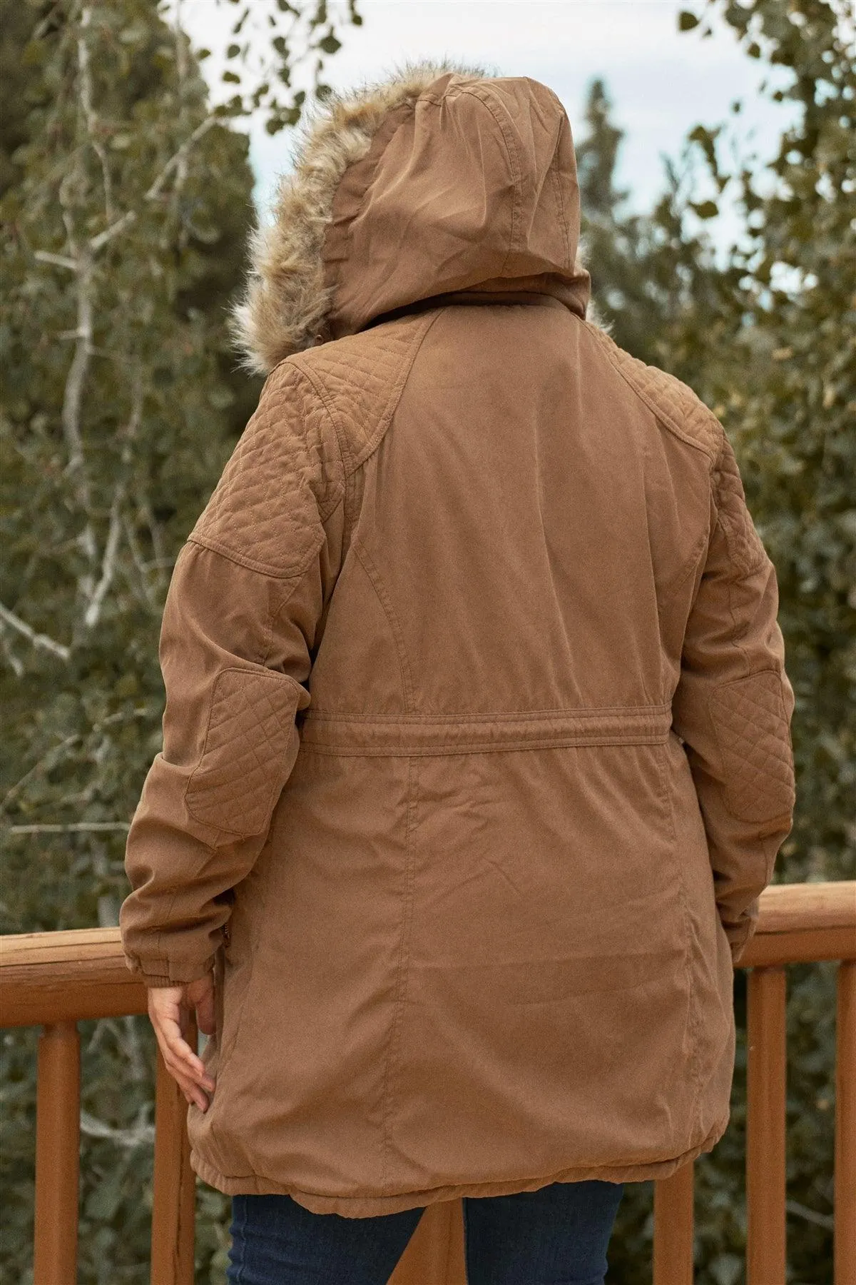 Junior Plus Size Brown Quilted Detail Vegan Fur Cotton Twill Parka Jacket