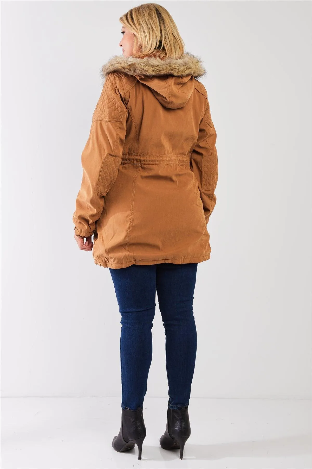 Junior Plus Size Camel Quilted Detail Vegan Fur Cotton Twill Parka Jacket /2-1-2