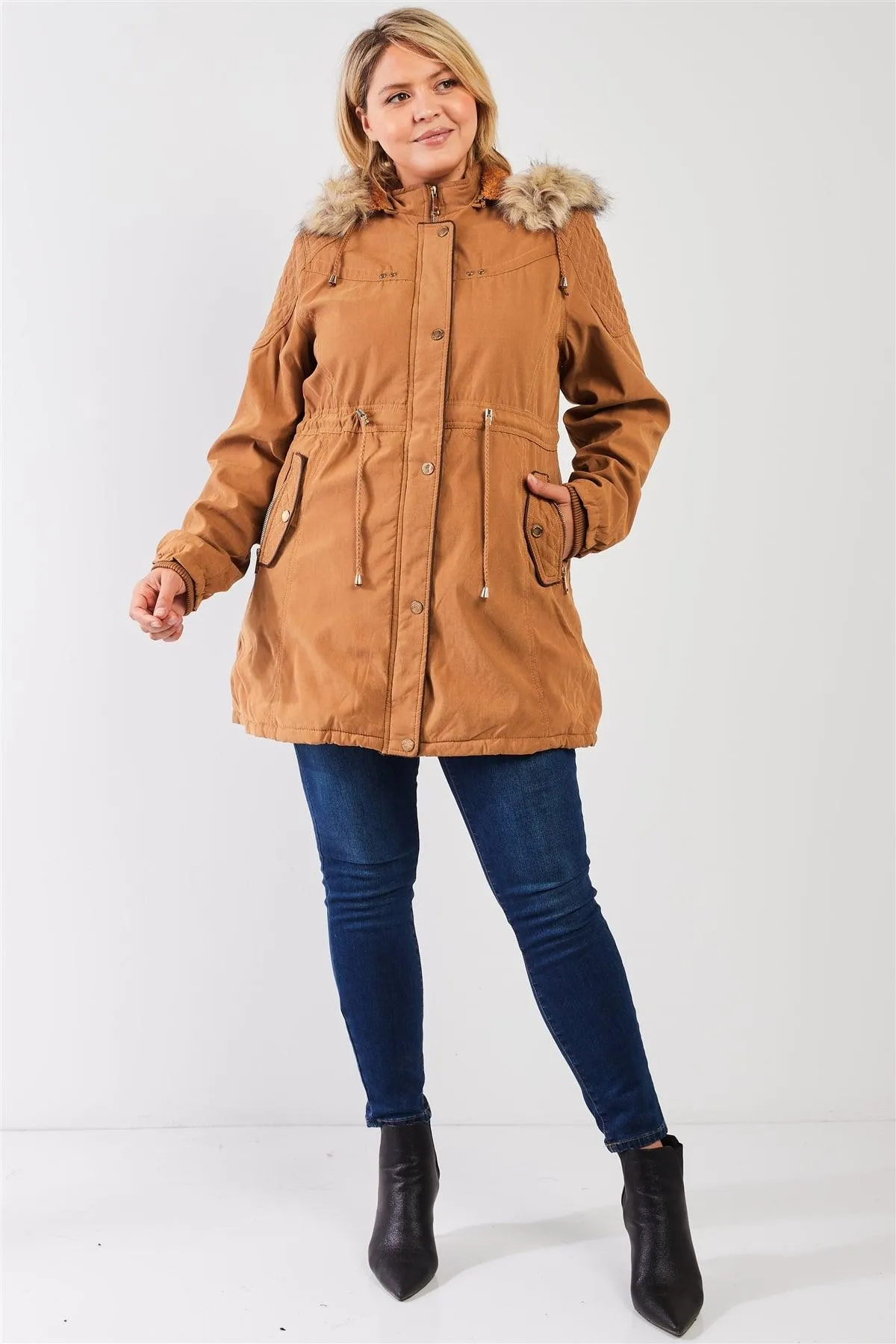 Junior Plus Size Camel Quilted Detail Vegan Fur Cotton Twill Parka Jacket /2-1-2
