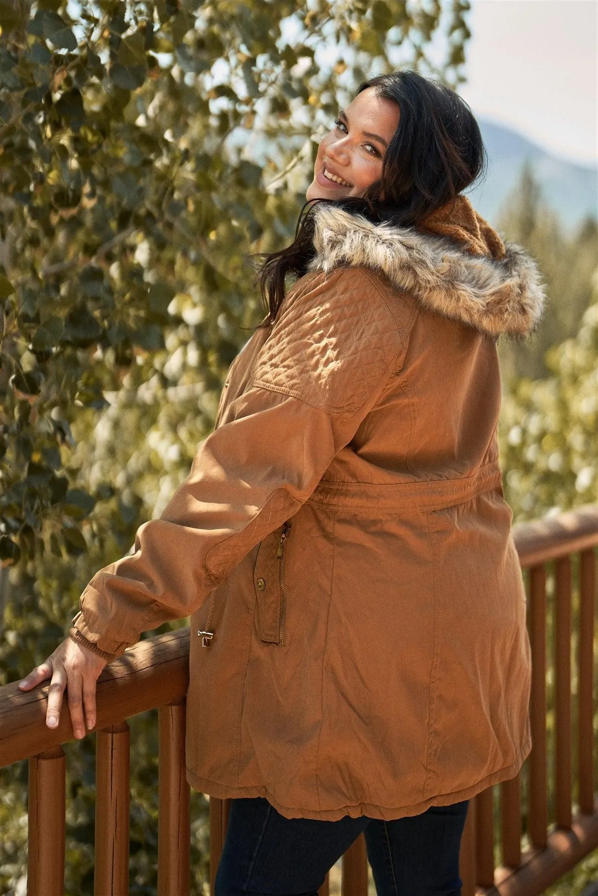 Junior Plus Size Camel Quilted Detail Vegan Fur Cotton Twill Parka Jacket /2-1-2