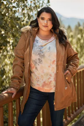 Junior Plus Size Camel Quilted Detail Vegan Fur Cotton Twill Parka Jacket /2-1-2