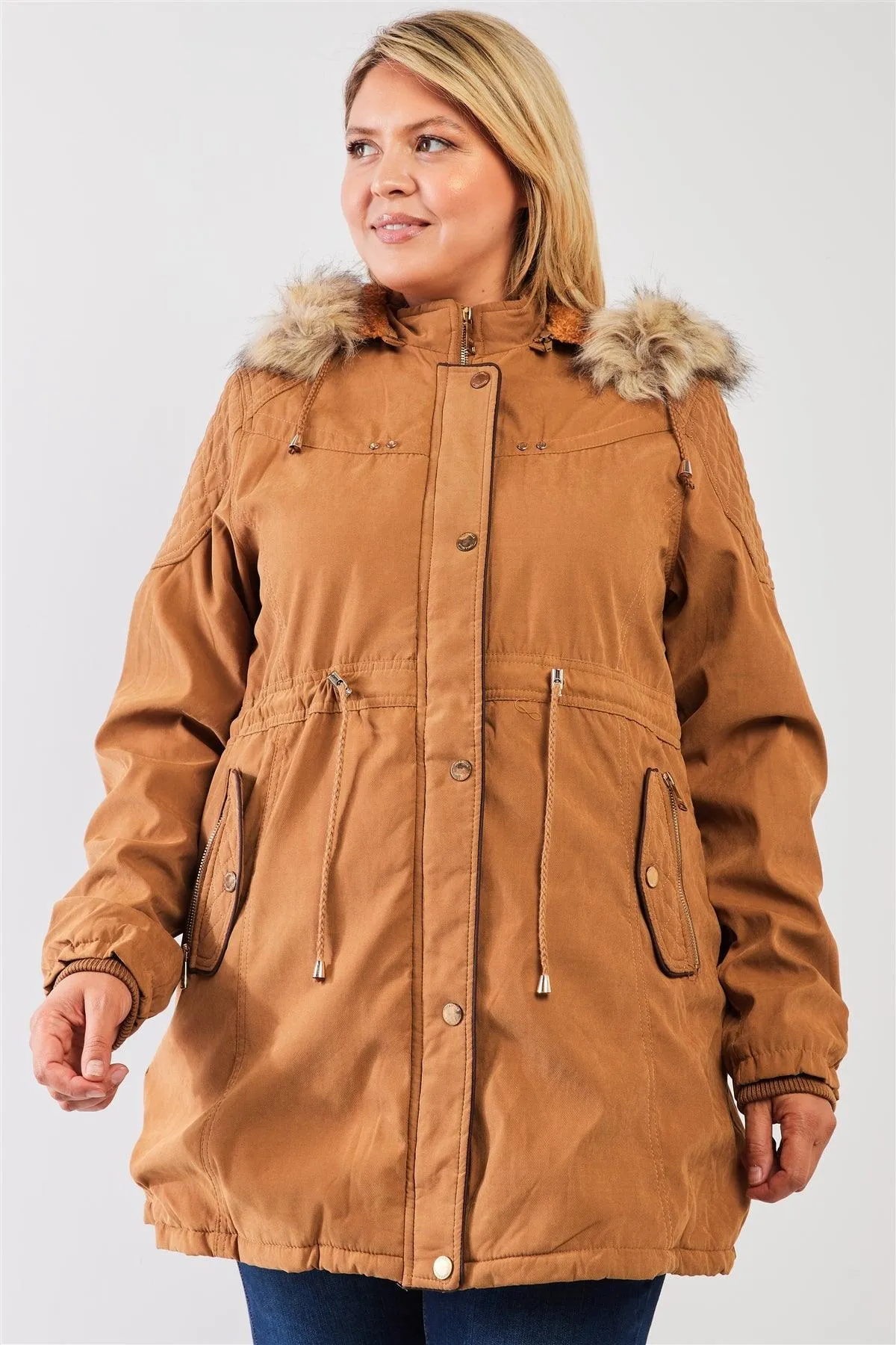 Junior Plus Size Camel Quilted Detail Vegan Fur Cotton Twill Parka Jacket /2-1-2