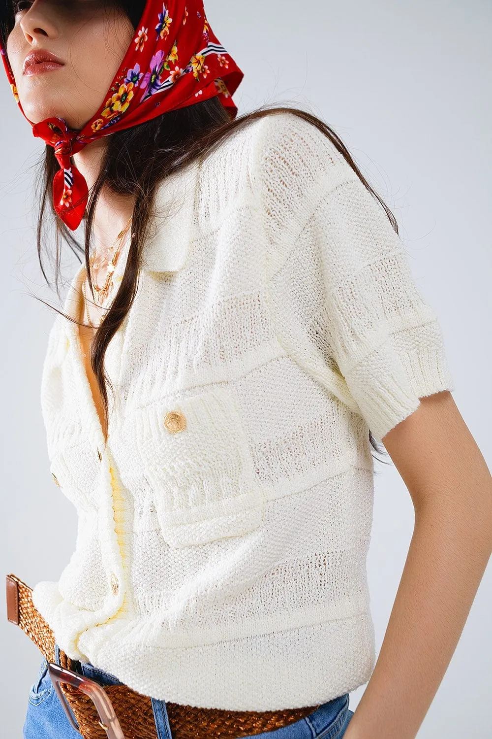 Knitted Cardigan Button Up Shirt With Chestpockets