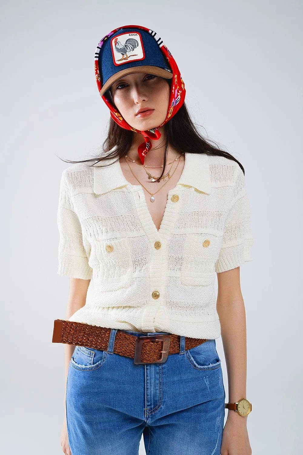 Knitted Cardigan Button Up Shirt With Chestpockets