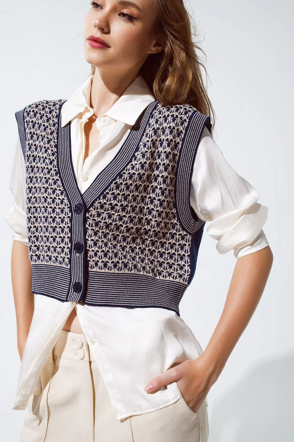 Knitted Cropped Vest With Rib Trim In Blue
