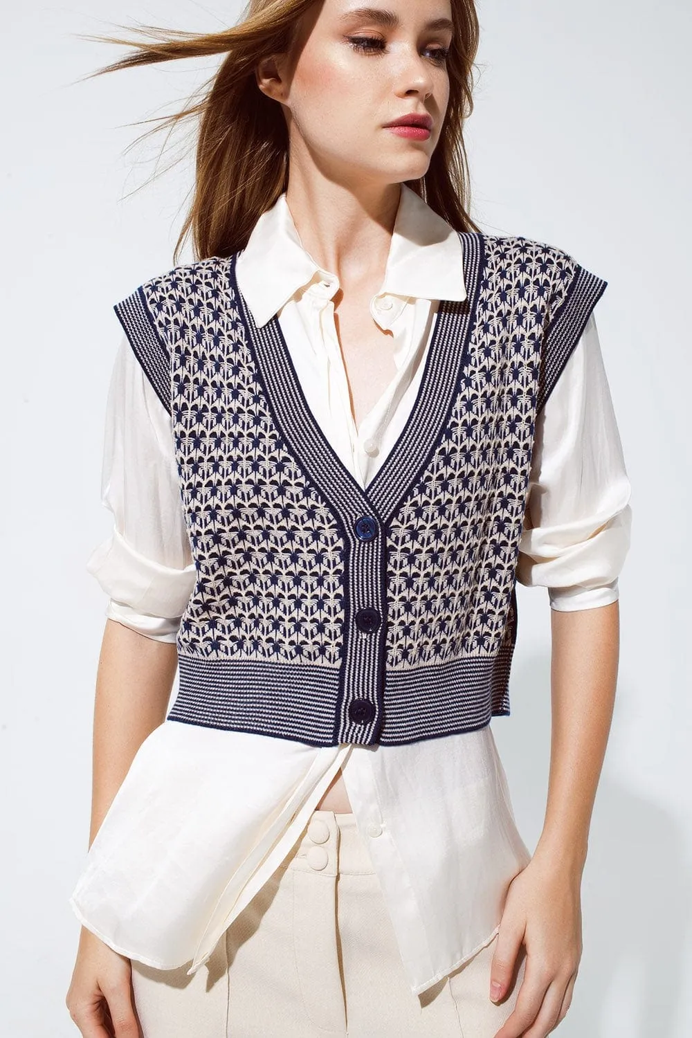 Knitted Cropped Vest With Rib Trim In Blue