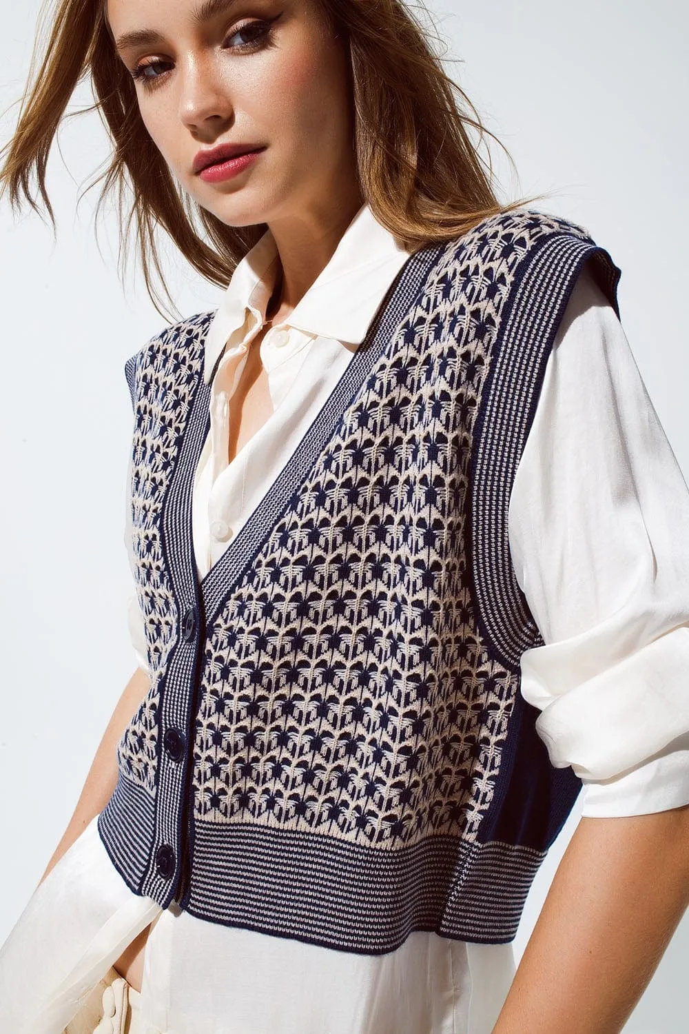 Knitted Cropped Vest With Rib Trim In Blue