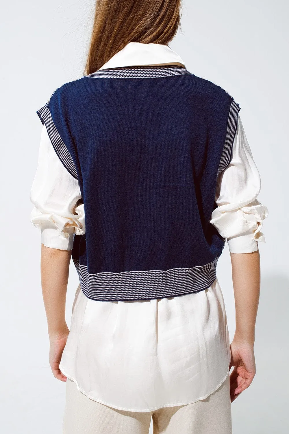 Knitted Cropped Vest With Rib Trim In Blue