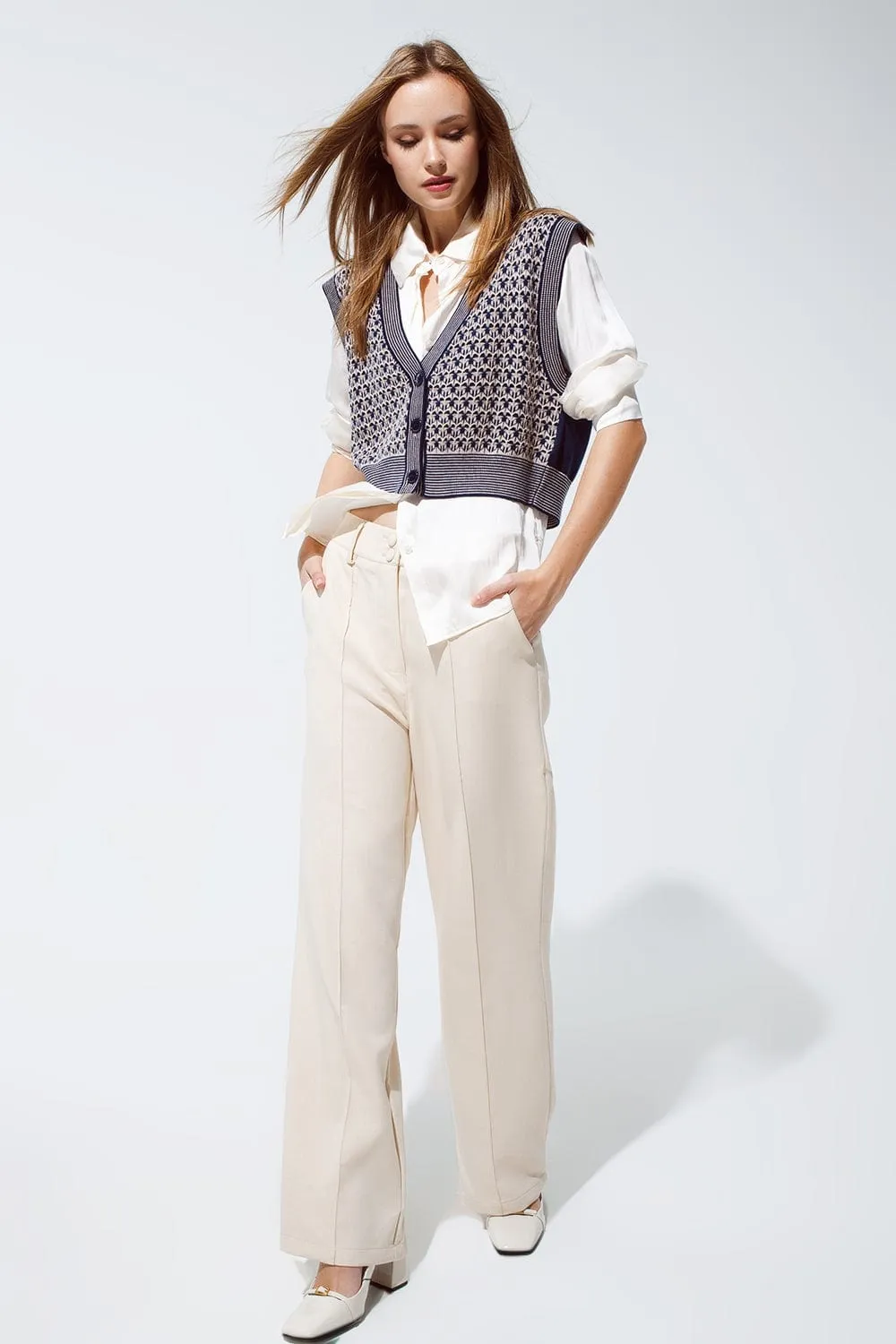 Knitted Cropped Vest With Rib Trim In Blue