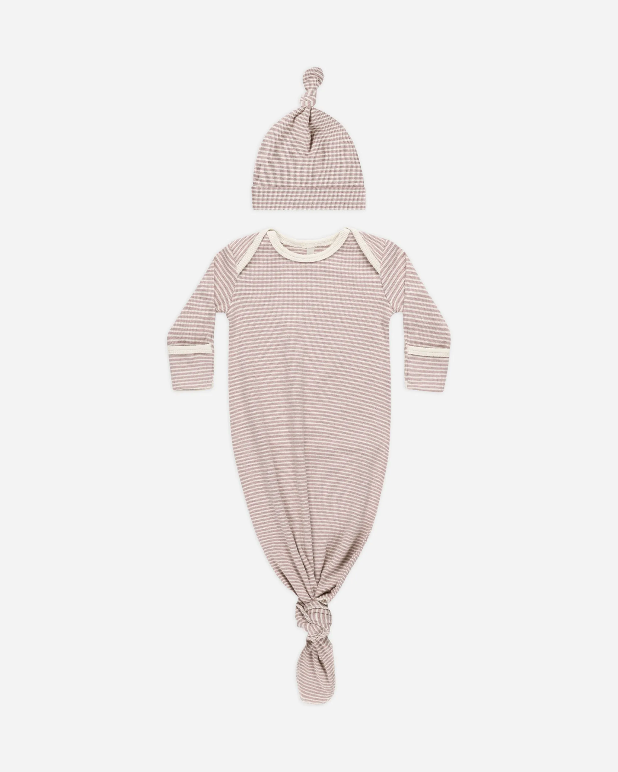 Knotted Baby Gown   Hat Set || Mauve Stripe