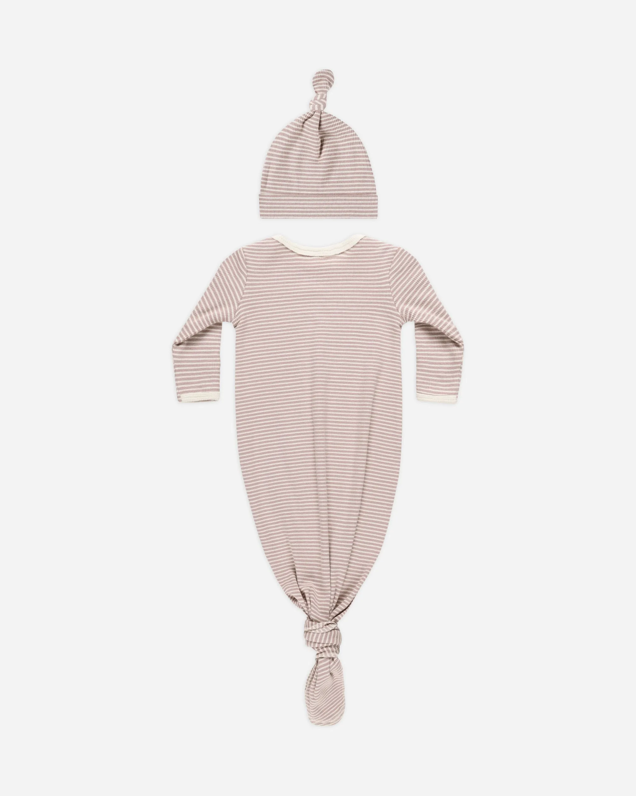 Knotted Baby Gown   Hat Set || Mauve Stripe