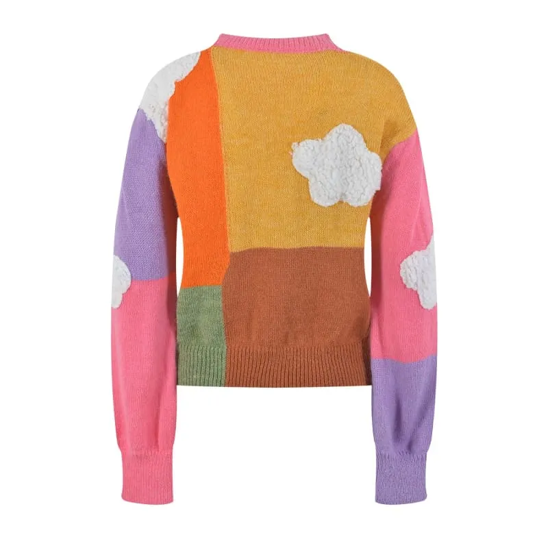 Ladies Rainbow Cloud Short Sweater in Fun Patchwork Design