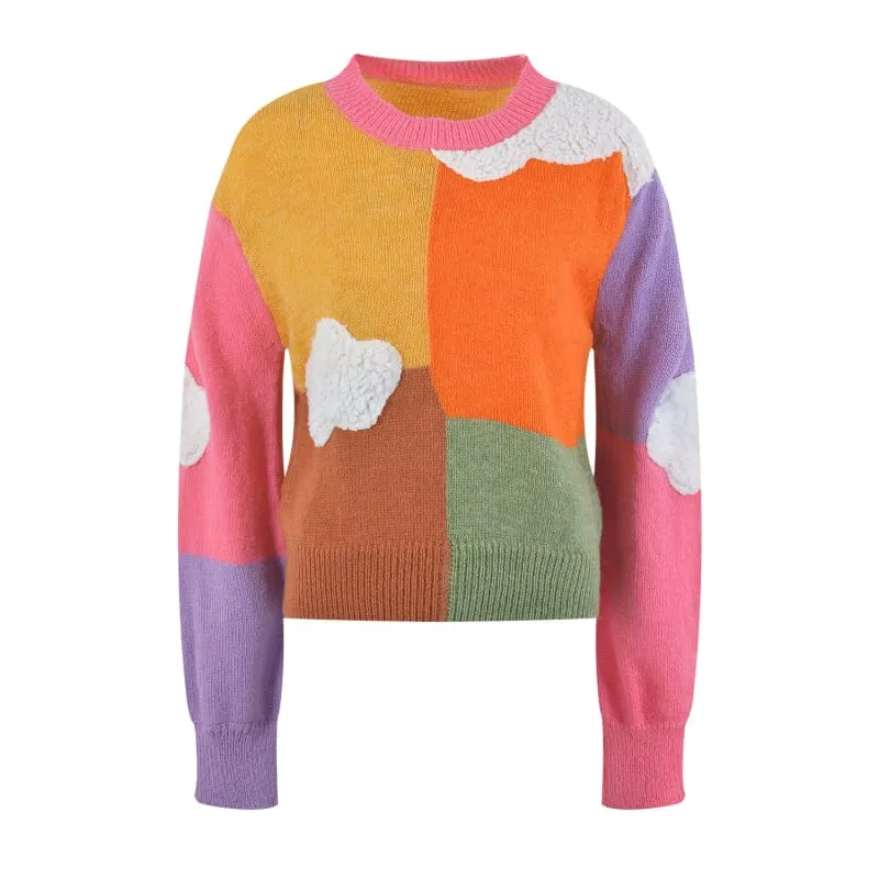 Ladies Rainbow Cloud Short Sweater in Fun Patchwork Design