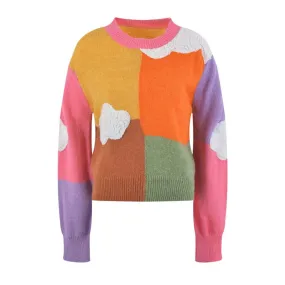 Ladies Rainbow Cloud Short Sweater in Fun Patchwork Design