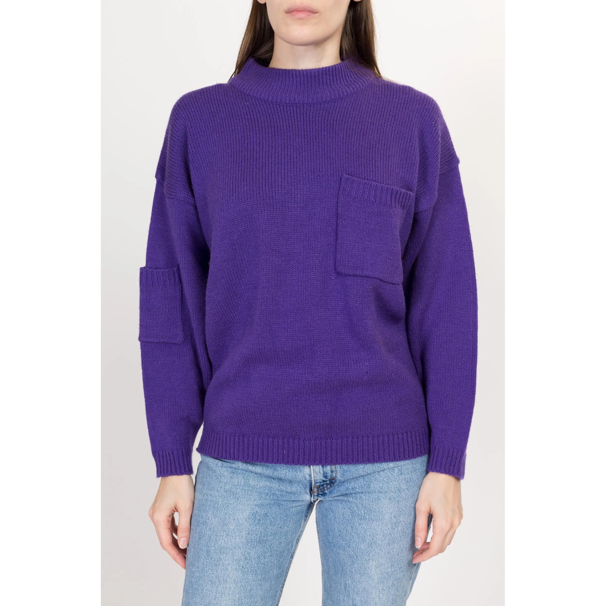 Large 80s Purple Mockneck Pocket Sweater