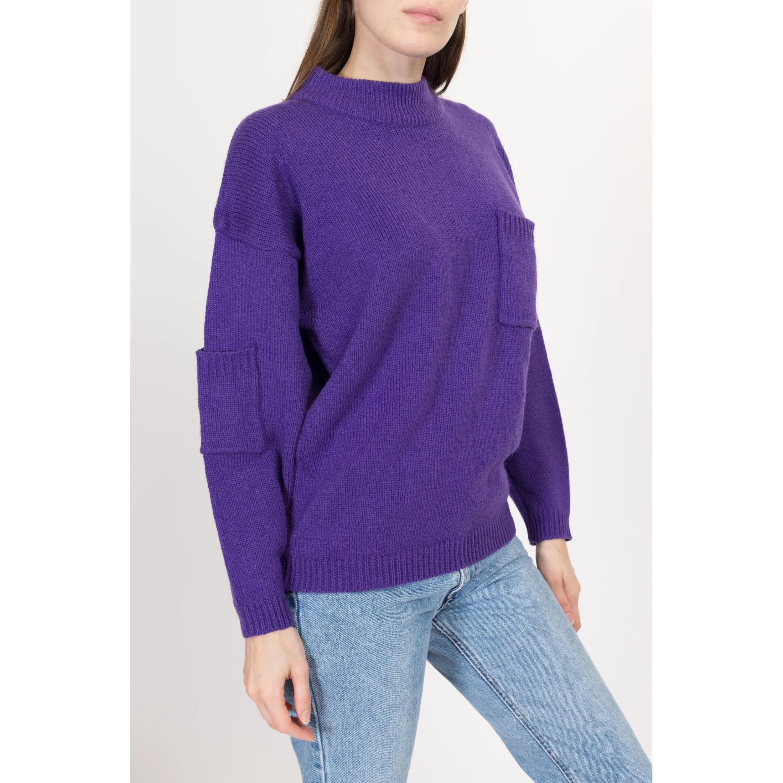 Large 80s Purple Mockneck Pocket Sweater
