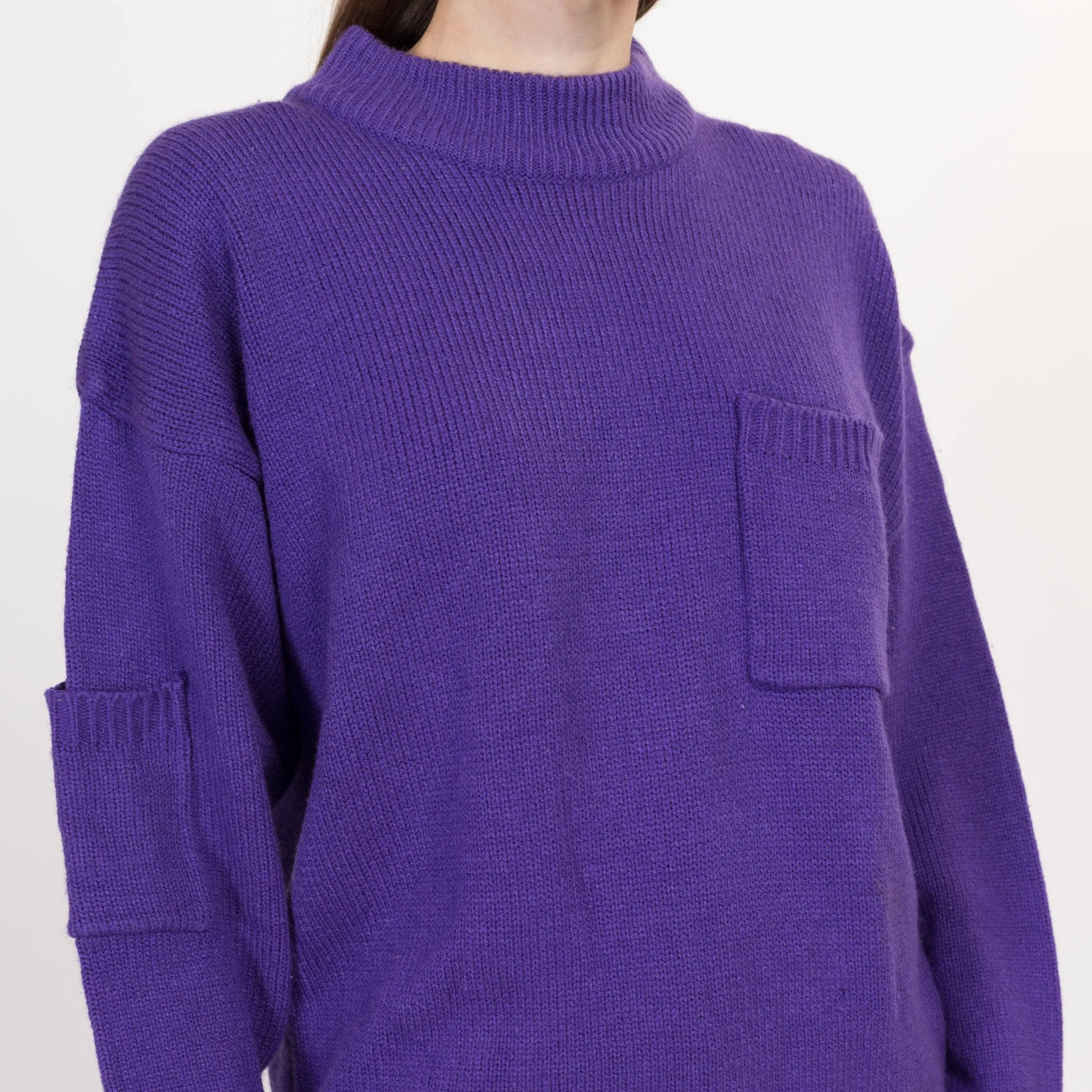 Large 80s Purple Mockneck Pocket Sweater